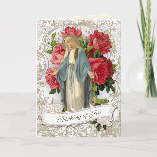 Tarjeta Amistad religiosa Virgen María Vintage Roses Rojos (Anverso)