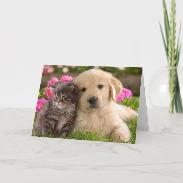 Tarjeta Amo a los perros y gatitos de Golden Retriever Pup (Anverso)