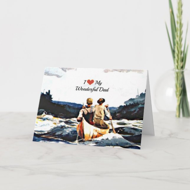Tarjeta Amo a mi maravilloso padre, canoa en los rápidos (Anverso)