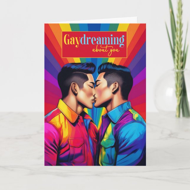 Tarjeta Amo arcoiris de la pareja gay asiático-estadounide (Anverso)