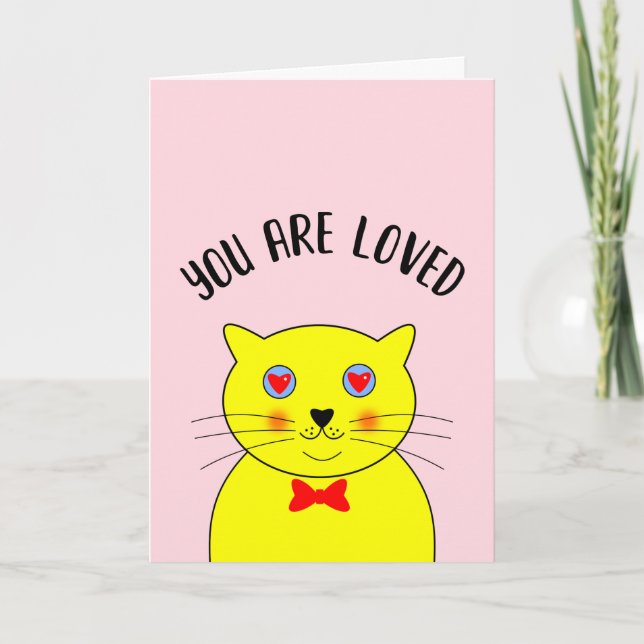 Tarjeta Amor bonito gato amarillo rojo vivo amor (Anverso)