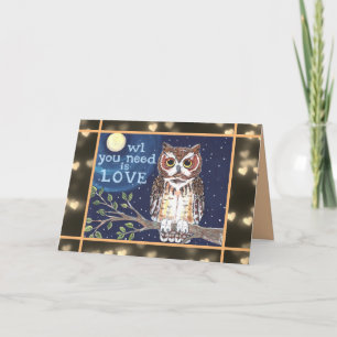 Tarjeta Amor de búho de San Valentín azul sepia luna único