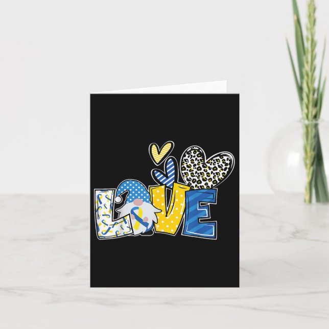 Tarjeta Amor Gnomes Cinta amarilla azul Síndrome de Down C (Anverso)