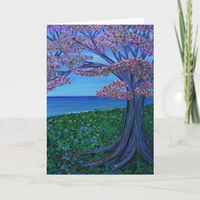 Tarjeta Amor y el árbol rosado de corazones (Anverso)