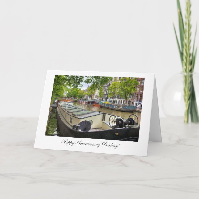 Tarjeta Amsterdam Canal Barge - Feliz Anniversay Darling (Anverso)