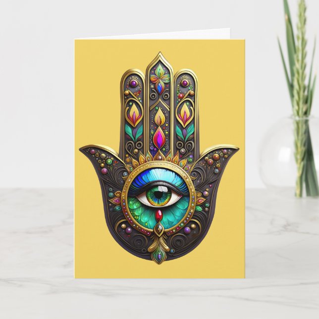 Tarjeta Amuleto Hamsa Marrón Colorido Arcoíris Tercer Ojo (Anverso)