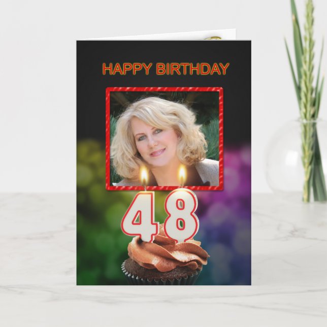 Tarjeta Añada una imagen, un 48.o cumpleaños con la torta (Anverso)