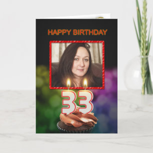 Tarjeta Añade una foto, 33° cumpleaños con pastel y velas