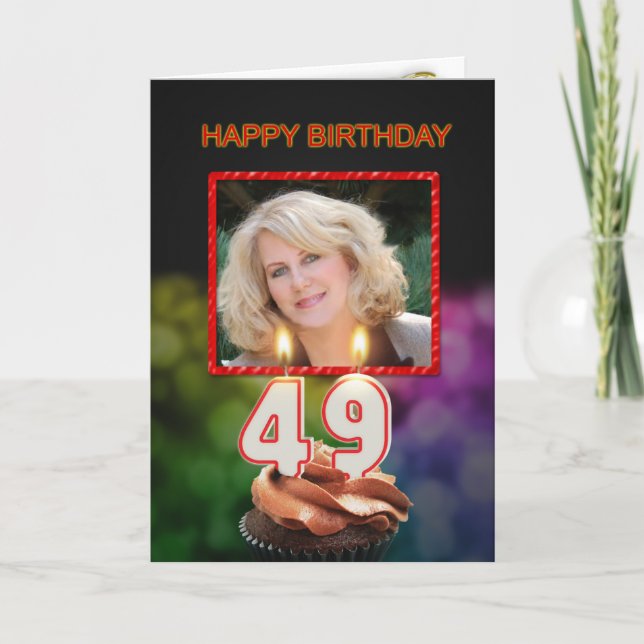 Tarjeta Añade una foto, cumpleaños 49 con pastel y velas (Anverso)