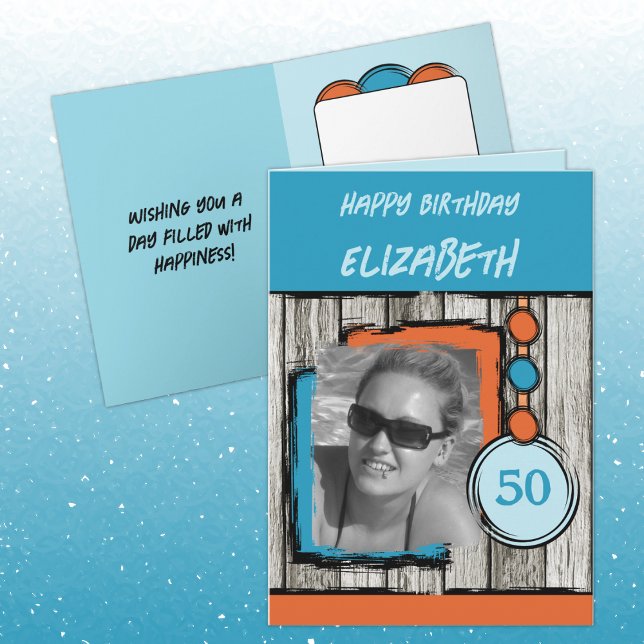 Tarjeta Añadir el nombre de la foto naranja azul 50 cumple (Subido por el creador)