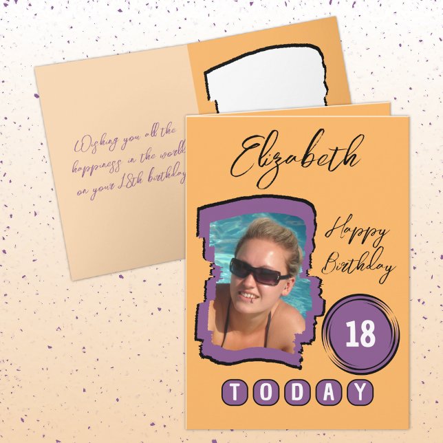 Tarjeta Añadir nombre naranja foto morado 18 cumpleaños (Subido por el creador)