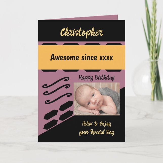Tarjeta Añadir púrpura de cumpleaños de nombre de año foto (Anverso)