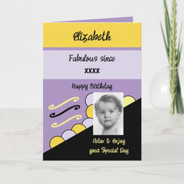 Tarjeta Añadir púrpura de cumpleaños de nombre de año foto (Anverso)