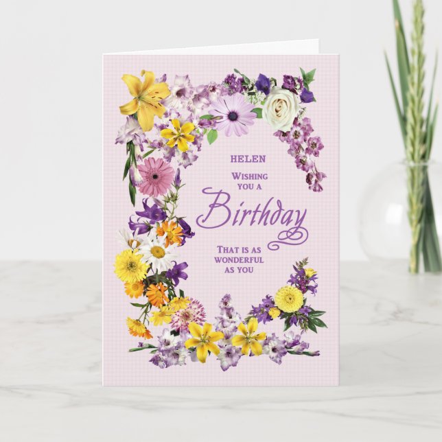 Tarjeta Añadir un nombre marco de flor de cumpleaños (Anverso)