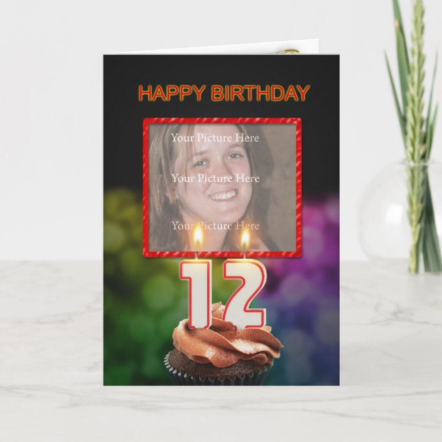Tarjeta Añadir una foto, 12º cumpleaños con pastel y velas (Anverso)