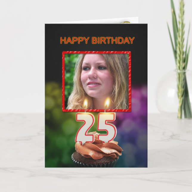 Tarjeta Añadir una foto, 25º cumpleaños con pastel y velas (Anverso)