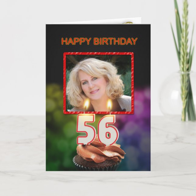 Tarjeta Añadir una foto, 56º cumpleaños con pastel y velas (Anverso)