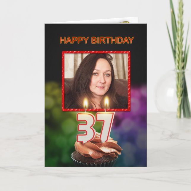 Tarjeta Añadir una foto, cumpleaños 37 con pastel y velas (Anverso)