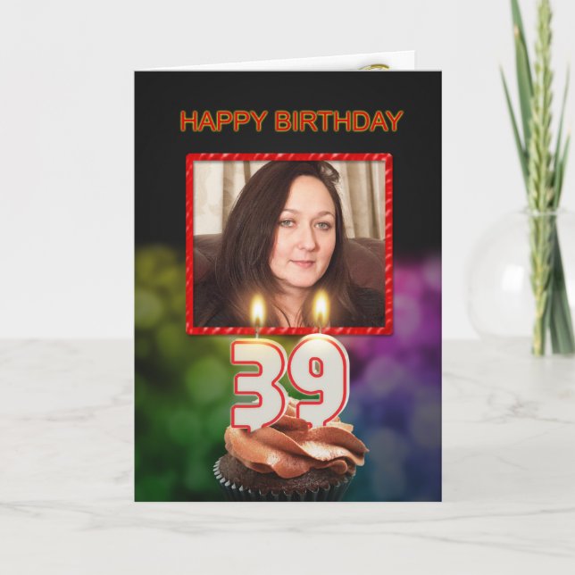 Tarjeta Añadir una foto, cumpleaños 39 con pastel y velas (Anverso)