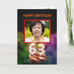 Tarjeta Añadir una foto, cumpleaños 63 con pastel y velas