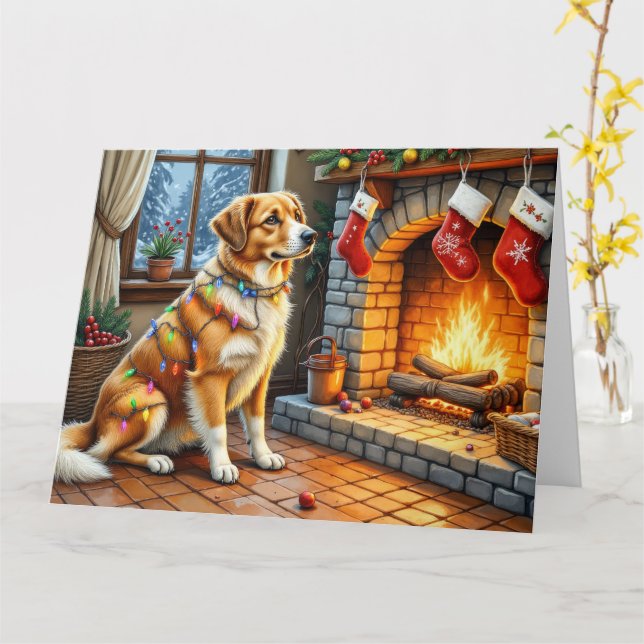 Tarjeta Anatolian Shepherd Fireplace with Christmas Lights (flor amarilla)