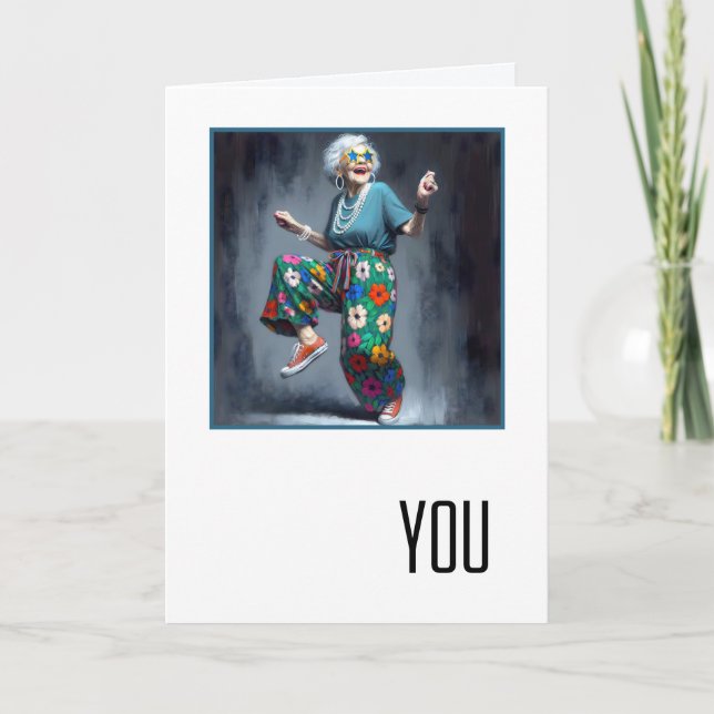 Tarjeta Anciana bailando en su cumpleaños  (Anverso)