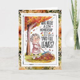 Tarjeta Anciana gruñona rastrillando hojas Otoño Humor de 