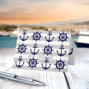 Tarjeta Ancla azul marino rueda de barco gris rayado náuti