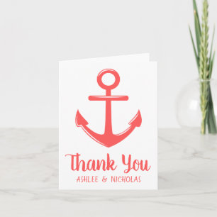 Tarjeta Ancla de agradecimiento náutico boda coral rosa ro