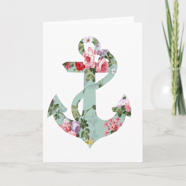 Tarjeta Ancla verde rosada roja del estampado de flores (Anverso)