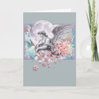 Tarjeta Ángel a la luz de la luna — Luna y flores rosadas,