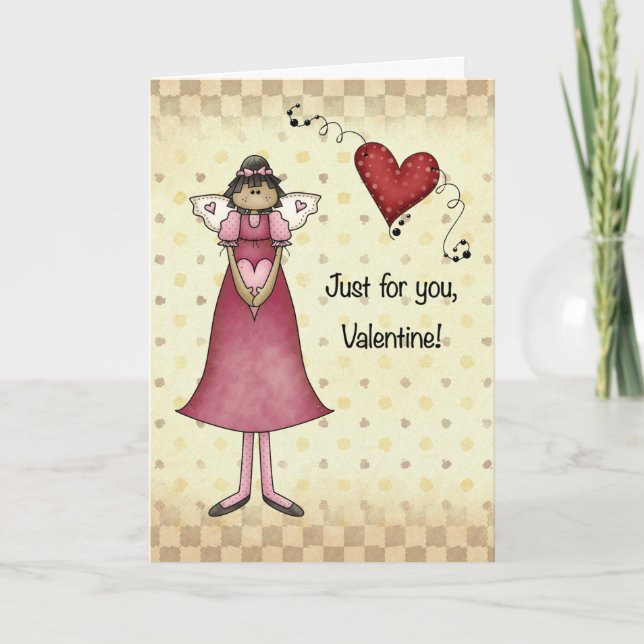 Tarjeta Angel Chica con Heart Country Folk Valentine (Anverso)