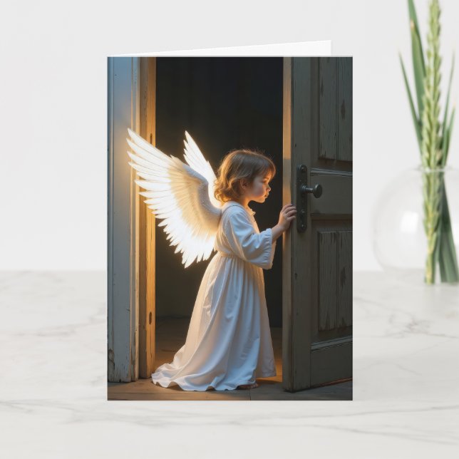 Tarjeta Angel Chica Peering Alrededor de una puerta (Anverso)