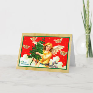 Tarjeta Ángel con capa amarilla llevando árbol de Navidad