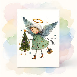 Tarjeta Ángel con un árbol de Navidad