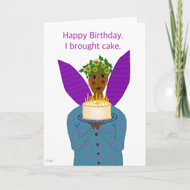 Tarjeta Ángel de cumpleaños negro con pastel de comida de  (Anverso)