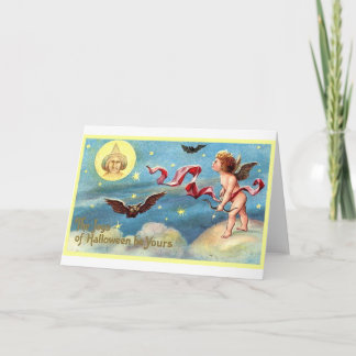 Tarjeta Ángel de Halloween, murciélago, luna