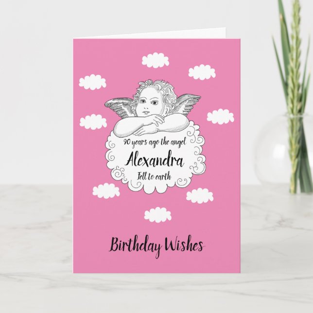 Tarjeta Ángel de la Nube Cristiana Feliz 90 cumpleaños Ros (Anverso)
