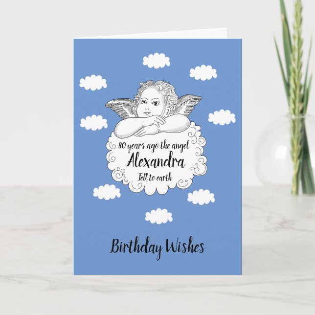 Tarjeta Ángel de la Nube Cristiana Feliz Cumpleaños 80 (Anverso)