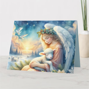Tarjeta Ángel de Navidad con Cordero en Paz Invernal