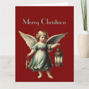 Tarjeta Ángel de Navidad vintage y linterna