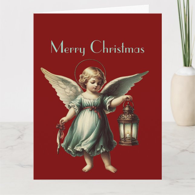 Tarjeta Ángel de Navidad vintage y linterna (Anverso)