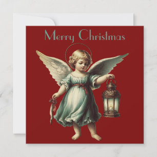 Tarjeta Ángel de Navidad vintage y linterna