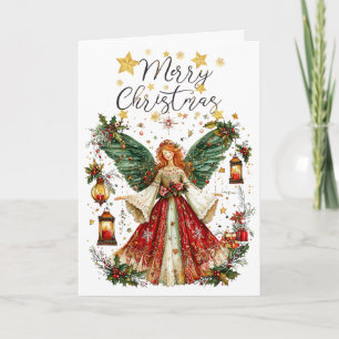Tarjeta Ángel de Navidad y faroles iluminados. Navidad