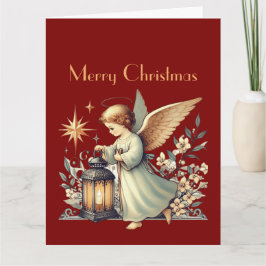 Tarjeta Ángel de Navidad y linterna vintage