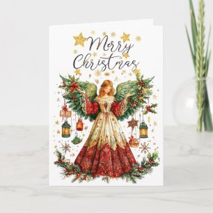Tarjeta Ángel de Navidad y linternas iluminadas Feliz Navi