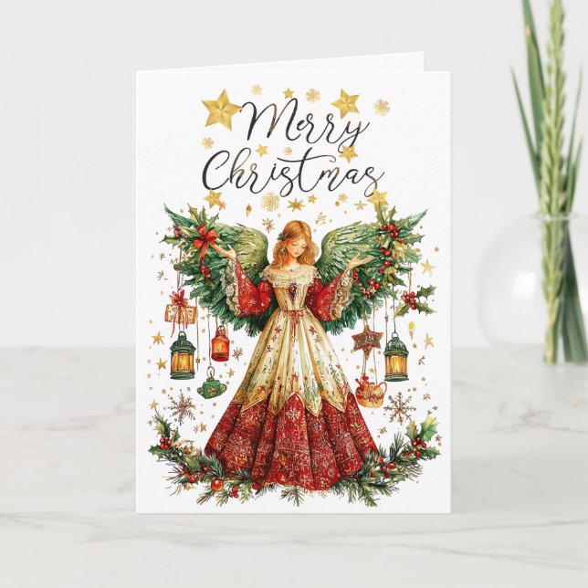 Tarjeta Ángel de Navidad y linternas iluminadas Feliz Navi (Anverso)