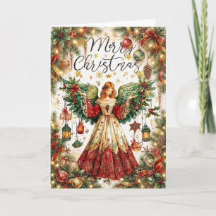 Tarjeta Ángel de Navidad y linternas iluminadas Feliz Navi