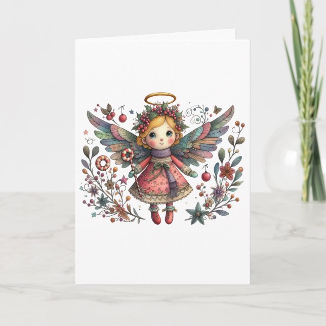 Tarjeta Ángel de Navidades caprichosos con alas multicolor (Anverso)