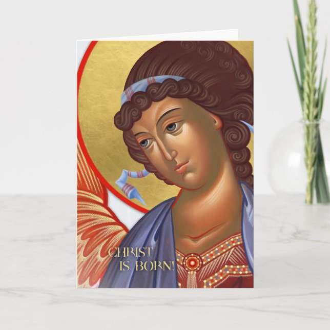 Tarjeta Angel de navidades con escena de Natividad (Anverso)